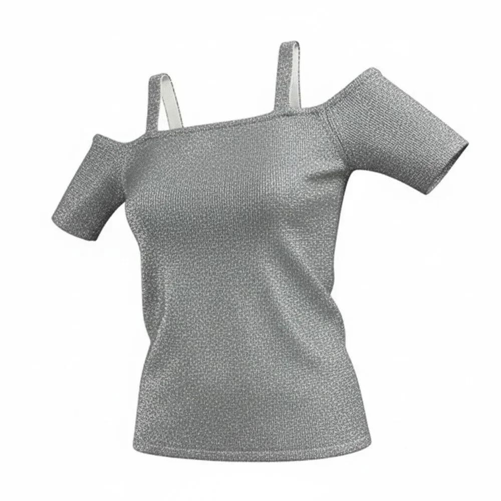 Chico's Travelers Collection Metallic Silver Cold Shoulder Top Size 2 (L) Tunic
